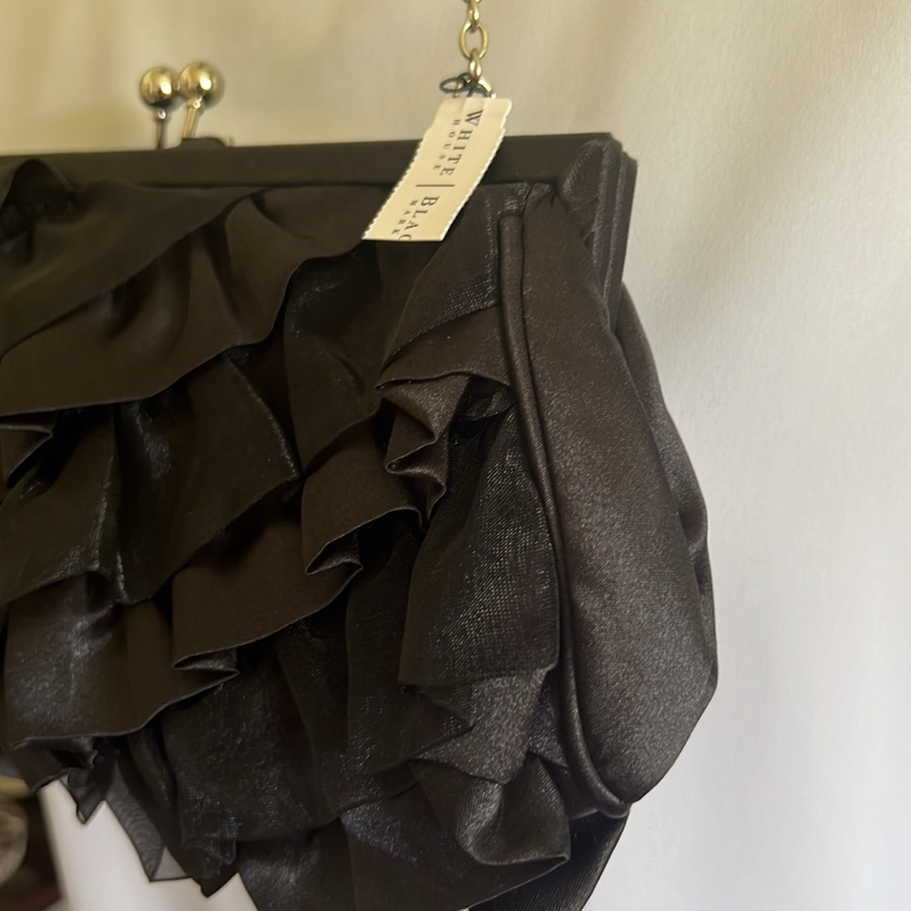 NWT: White House Black Market Ruffle Clutch Evening Bag, 21” silver chain, satin - Picture 3 of 8